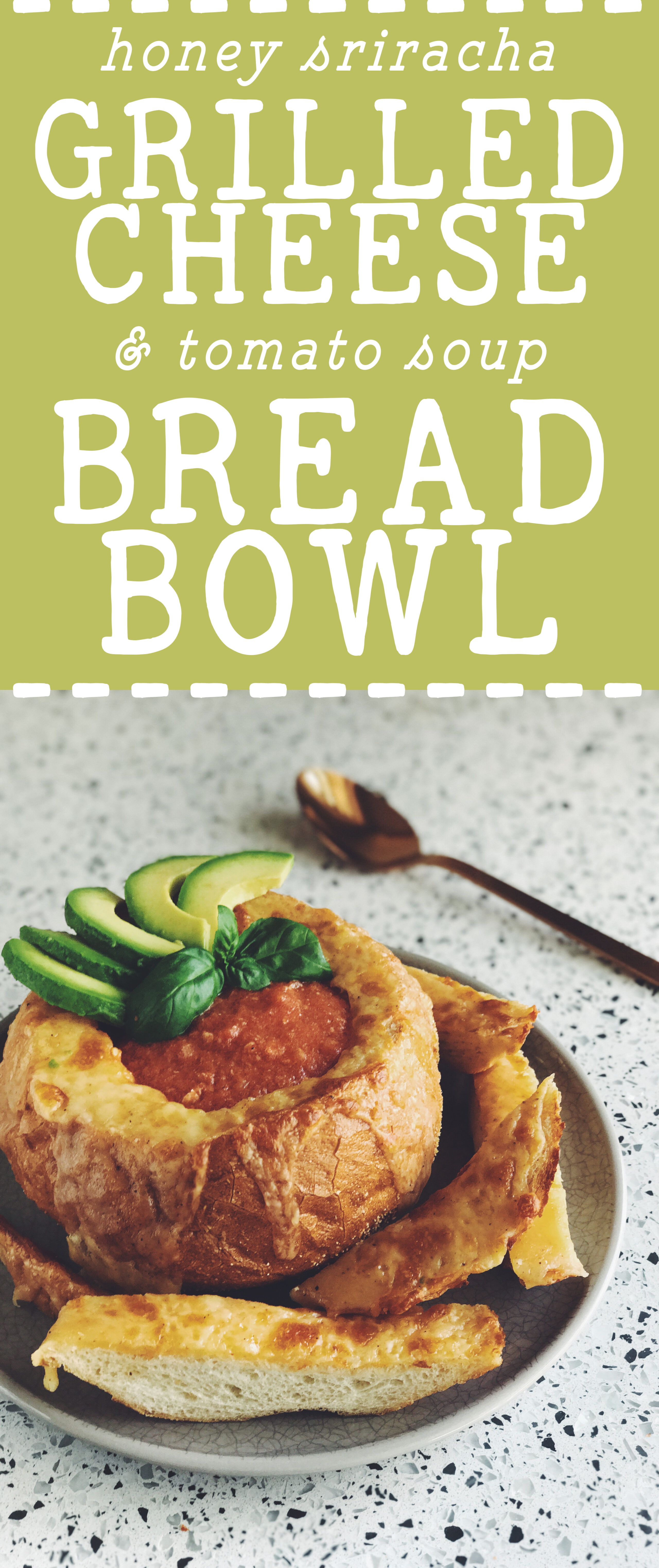 honey sriracha grilled cheese bread bowl with tomato soup