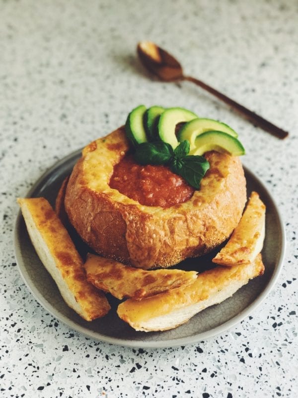Creamy Honey Chipotle Tomato Soup in a Grilled Cheese Bread Bowl