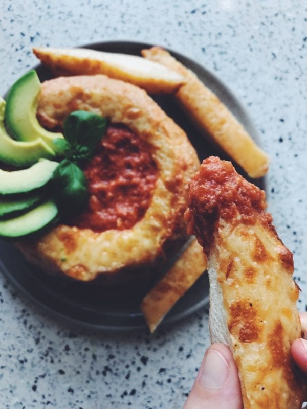 Creamy Honey Chipotle Tomato Soup in a Grilled Cheese Bread Bowl