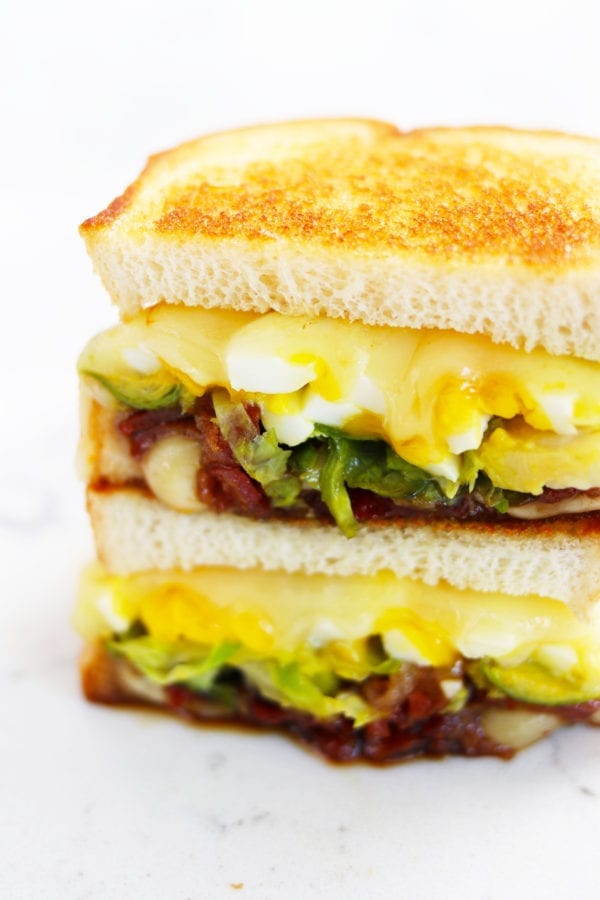 brussels sprouts, candied bacon and 7 minute egg grilled cheese