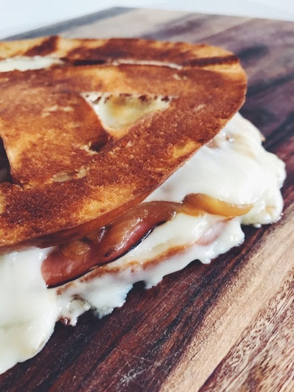 Pretzel Grilled Cheese with Ham, Caramelized Onions and Wisconsin gouda