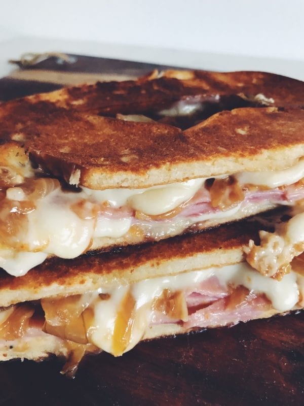 Pretzel Grilled Cheese with Caramelized Onions, Ham, and Gouda Cheese