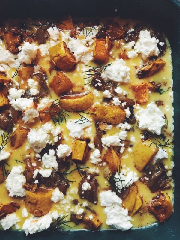 Summer Squash Frittata with Goat Cheese, Dill and Caramelized Onions 