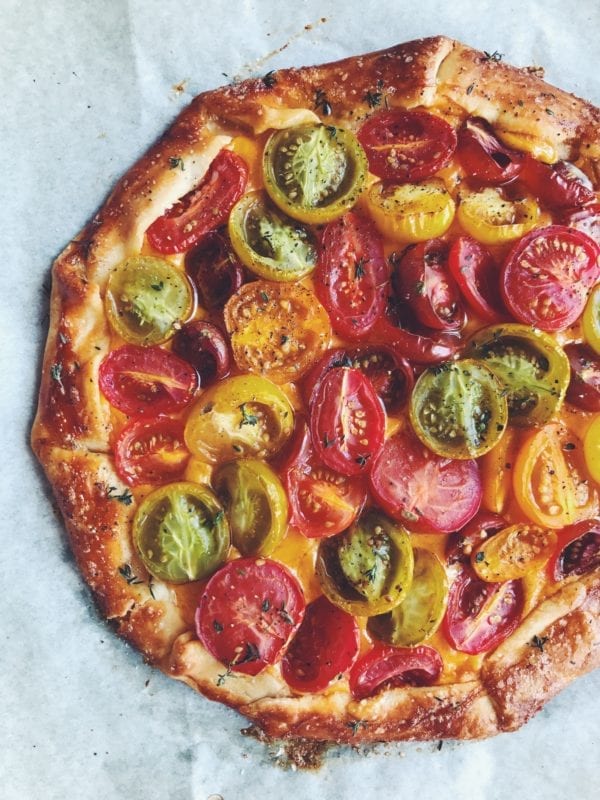 summer galette with heirloom tomatoes, sharp cheddar and thyme