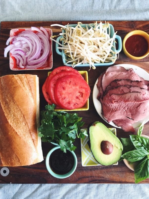 Pho Sandwich with Roast Beef Herbs Sriracha and Hoisin