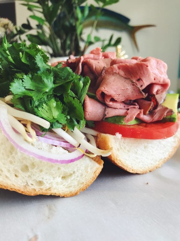 This tasty Pho Sandwich is made with Roast Beef, Hoisin, Sriracha and Herbs!