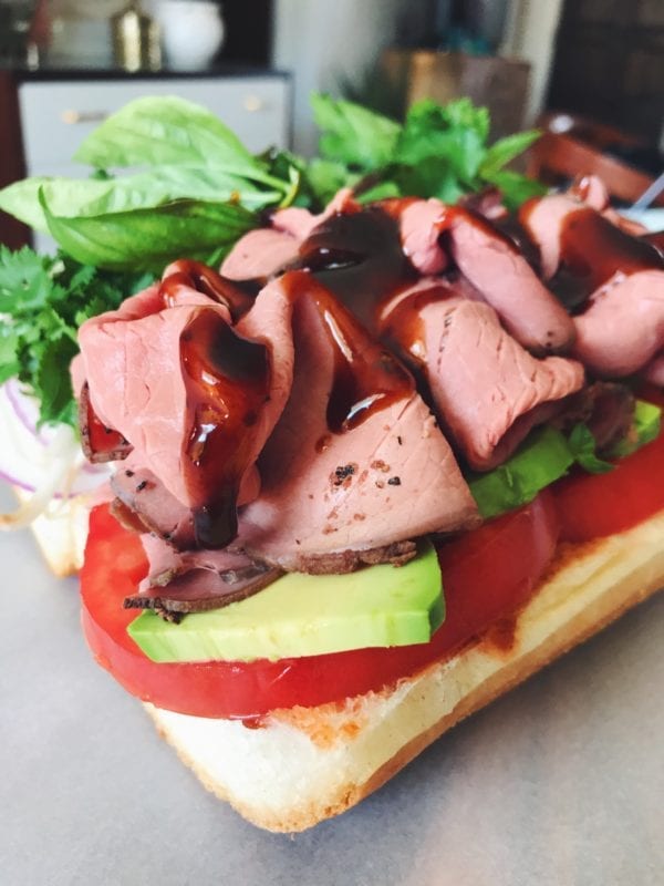 This tasty Pho Sandwich is made with Roast Beef, Hoisin, Sriracha and Herbs!