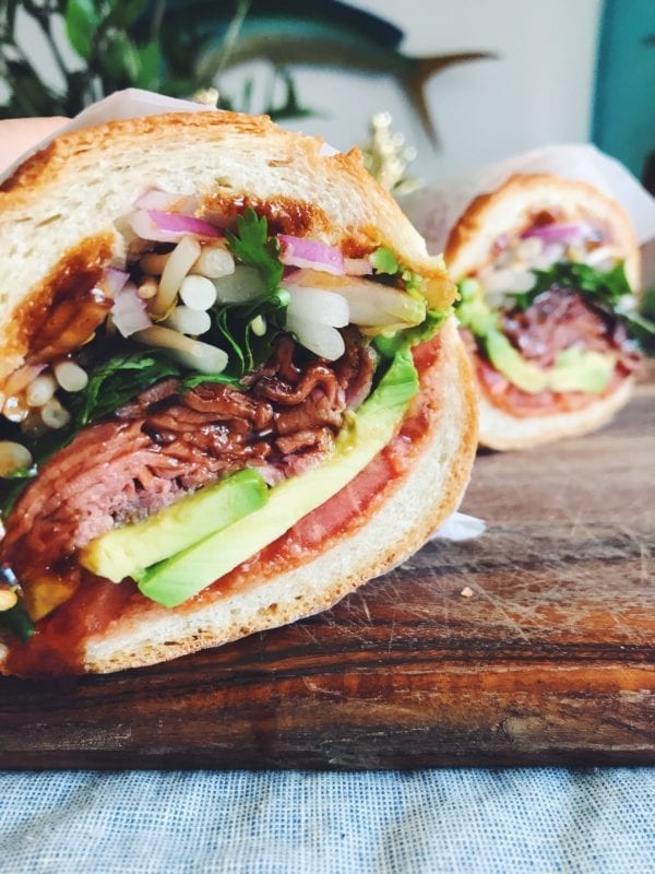 This tasty Pho Sandwich is made with Roast Beef, Hoisin, Sriracha and Herbs!