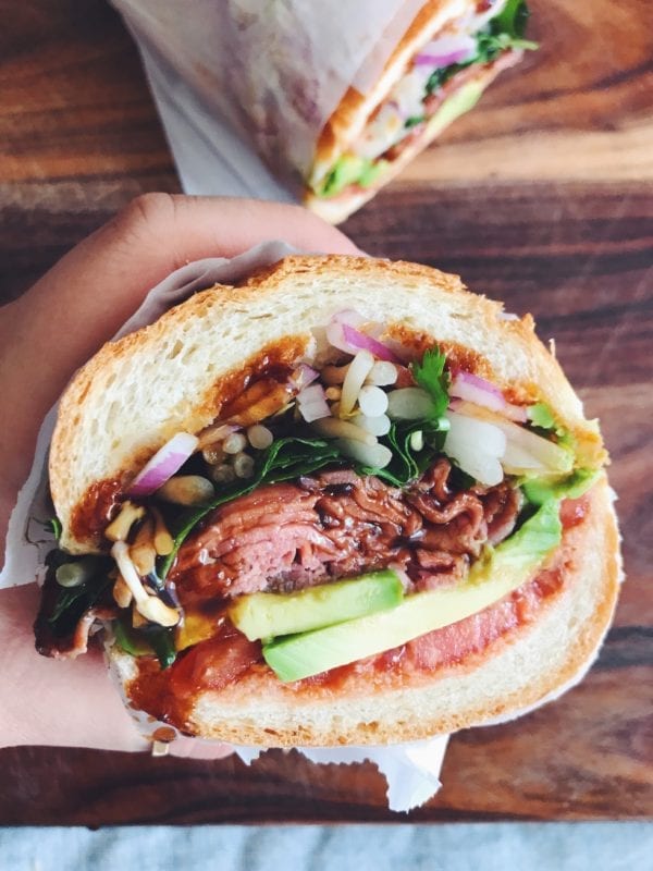 This tasty Pho Sandwich is made with Roast Beef, Hoisin, Sriracha and Herbs!