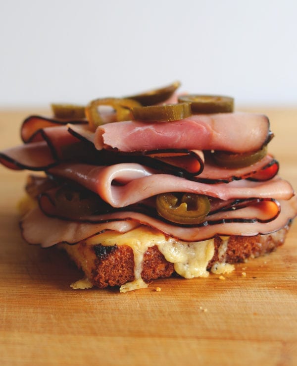 Cornbread Sandwich with White Cheddar, Honey Ham and Pickled Jalapenos