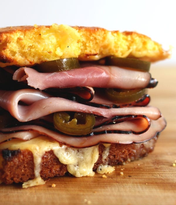 Ham, Cheese, and Pickled Jalapeno Cornbread Sandwich with Chow Chow Mayo