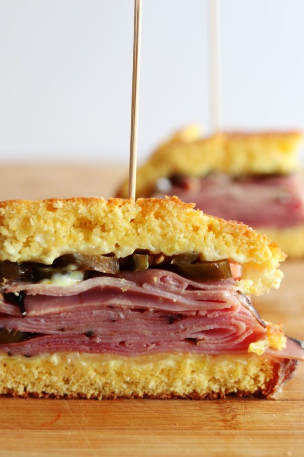 Cornbread Sandwich with White Cheddar, Honey Ham and Pickled Jalapenos