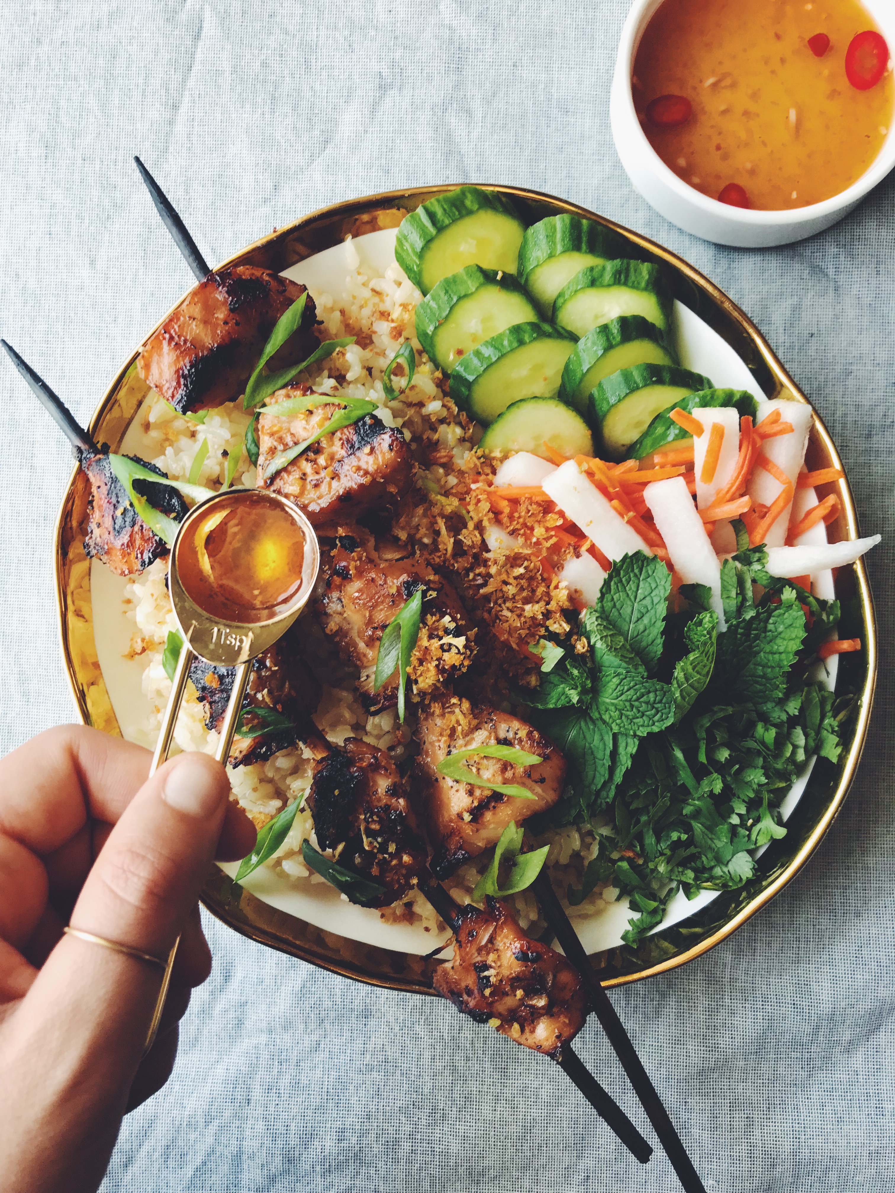 Vietnamese Rice Bowls with Grilled Chicken and Pickled Vegetables