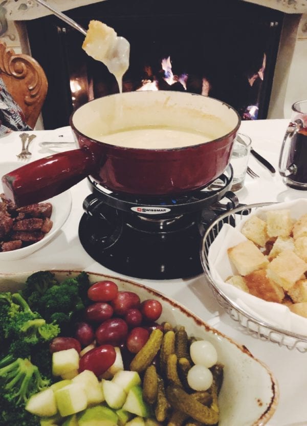 Alpine Cheese Fondue with Pickles, Grapes, Broccoli and Waygu Beef at Goldener Hirsch Inn Restaurant, Deer Valley