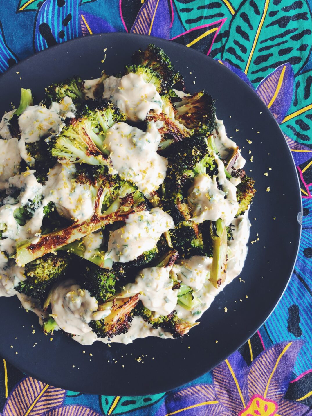 Roasted Broccoli with Lemon Herb + Garlic Tahini Sauce