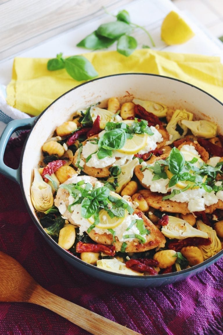 Goat Cheese Chicken with Skillet Gnocchi, Kale, Artichokes, Basil & Sun