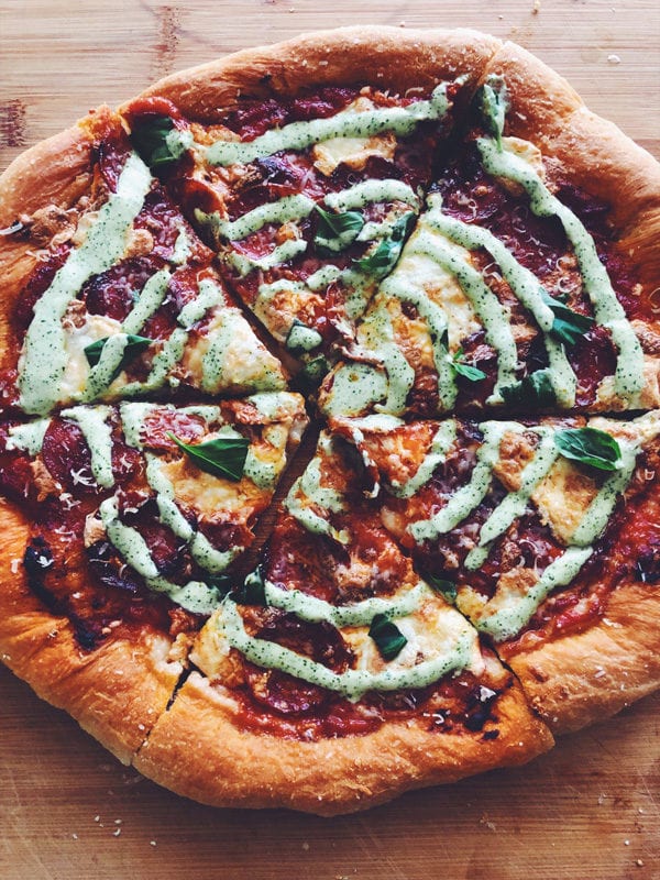 Homemade Pepperoni Pizza with Creamy Jalapeno Ranch Dressing