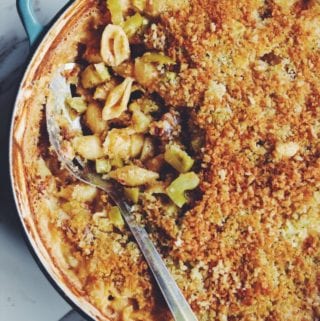 Baked Mac and Cheese with Candied Bacon and Fried Green Tomato Crust