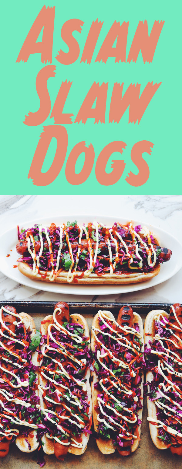 These Asian Slaw Dogs are a gourmet spin on your traditional american hot dog recipe! They're loaded with a sweet and sour asian slaw, kewpie mayo, sriracha and sesame seeds. #hotdogs #gourmethotdog #asianslaw #asianfusion