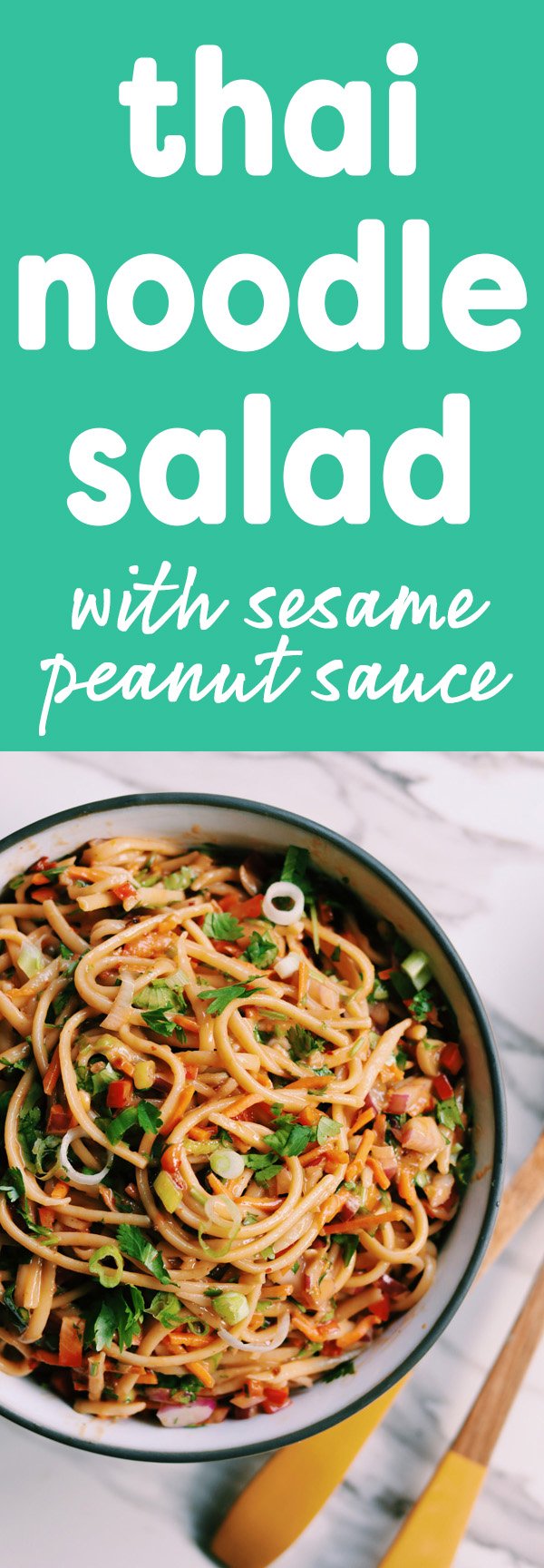 This crunchy Thai noodle salad is smothered in my favorite sesame peanut sauce. It’s easy to make and absolutely addicting to eat! You can serve these noodles cold or hot and add even more sriracha for a kick! #under30 #pastasalad #asian #thaifood #vegetarian #noodles #peanutsauce #thainoodlesalad