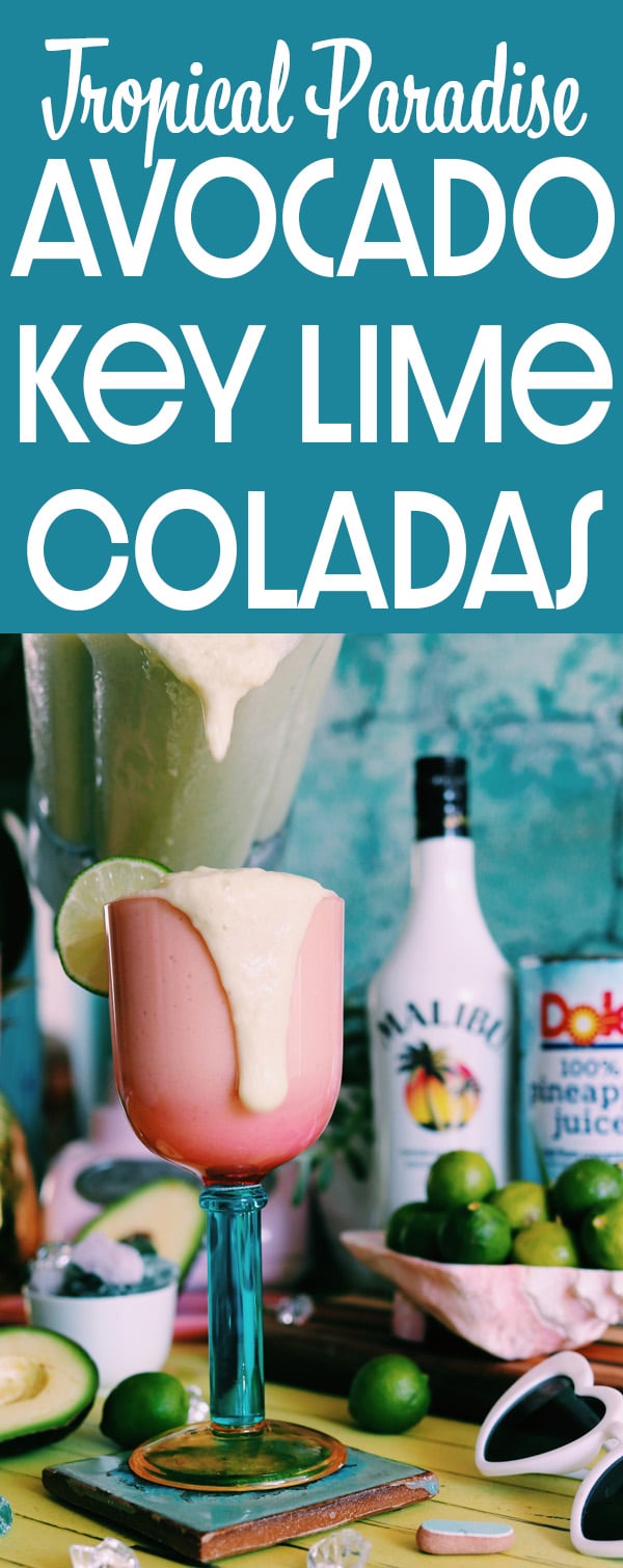 If you like frozen pina coladas, you will absolutely love this Avocado and Key Lime Colada! It’s made with pineapple juice, coconut rum, creme de coco, key lime, avocado and ice! It’s sweet and tart yet fresh and earthy! And best of all, one sip will transport you to tropical paradise! #cocktail #recipe #keylime #pinacolada #keylimecolada #beachdrink #tropicaldrink #craftcocktail