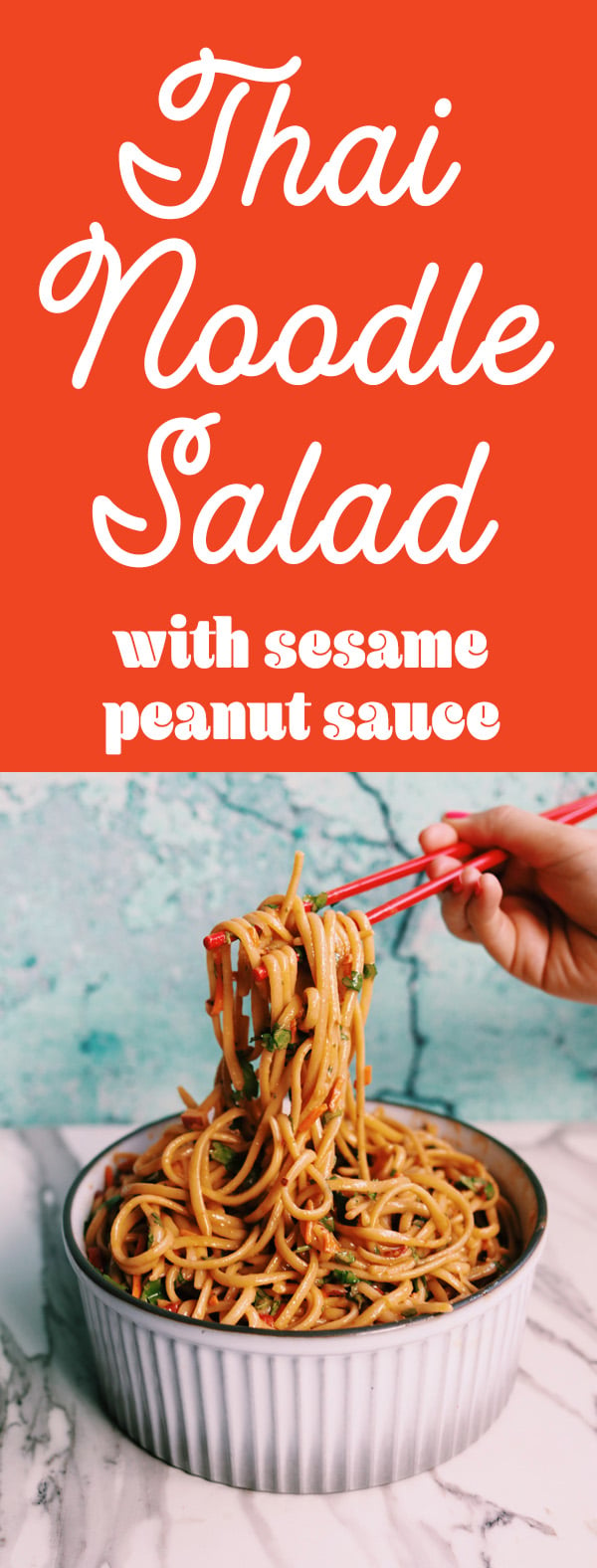 This crunchy Thai noodle salad is smothered in my favorite sesame peanut sauce. It’s easy to make and absolutely addicting to eat! You can serve these noodles cold or hot and add even more sriracha for a kick! #under30 #pastasalad #asian #thaifood #vegetarian #noodles #peanutsauce #thainoodlesalad
