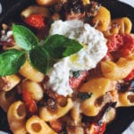 Baked Burrata Pasta in a cast iron skillet