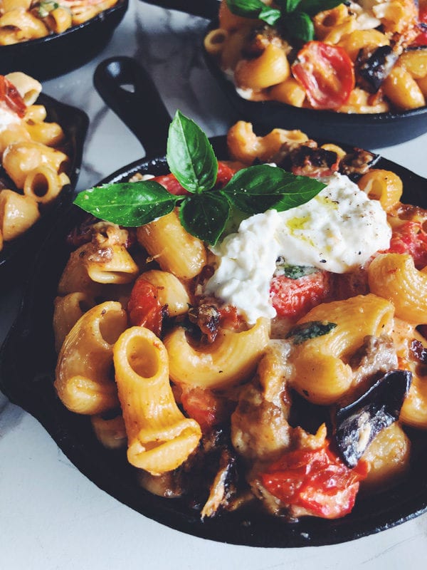 baked burrata pasta with roasted cherry tomatoes and eggplant