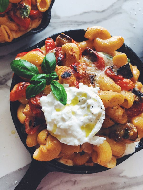 baked burrata pasta with roasted cherry tomatoes and eggplant