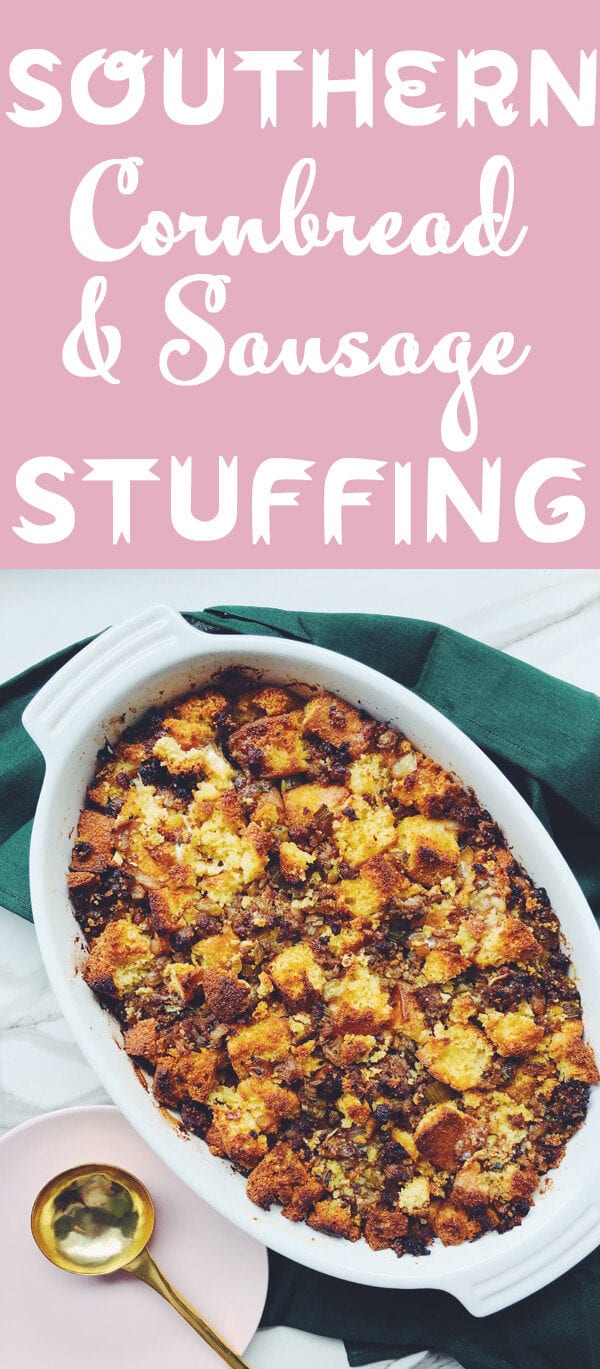 This classic jiffy cornbread dressing recipe is a Southern staple. Sweet and fluffy jiffy cornbread is combined with zesty sausage, caramelized veggies, and fragrant herbs. Then it gets baked up into the most flavorful dressing ever. And if you'd like to turn it into stuffing, simple stuff the turkey with it and voila! #thanksgiving #sides #stuffing #southern #cornbread #sausage #jiffy