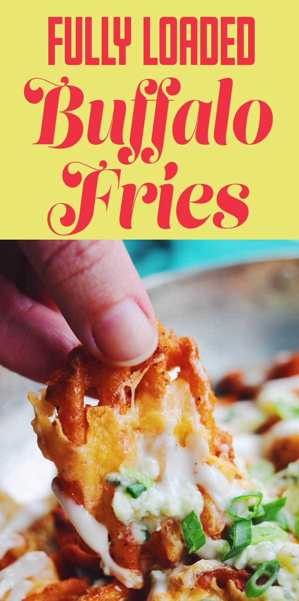 These buffalo fries are the perfect vegetarian alternative to buffalo wings! Extra crispy waffle fries are tossed with buffalo sauce and baked with cheddar cheese. Then they’re topped with crumbled blue cheese, a drizzle of ranch dressing and chopped scallions. They’re easy to make and out of this world delicious! #buffalo #appetizer #easyapp #fries #gameday #partyfood