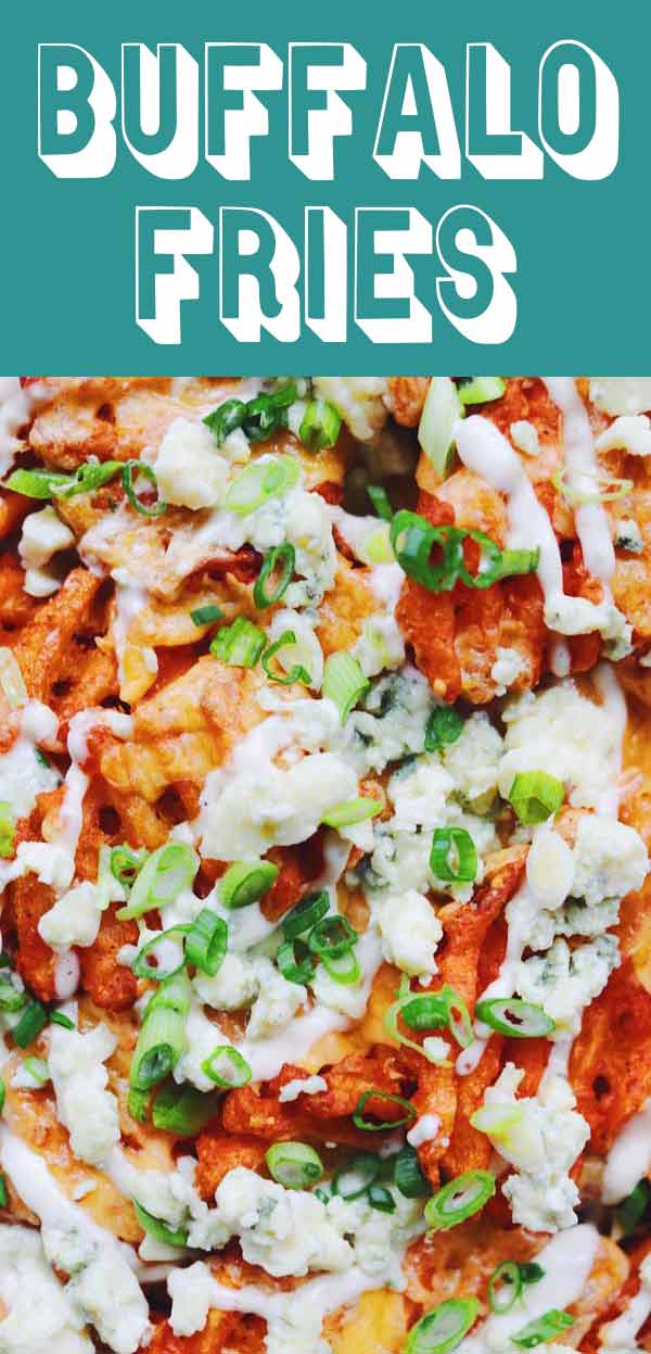 These buffalo fries are the perfect vegetarian alternative to buffalo wings! Extra crispy waffle fries are tossed with buffalo sauce and baked with cheddar cheese. Then they’re topped with crumbled blue cheese, a drizzle of ranch dressing and chopped scallions. They’re easy to make and out of this world delicious! #buffalo #appetizer #easyapp #fries #gameday #partyfood