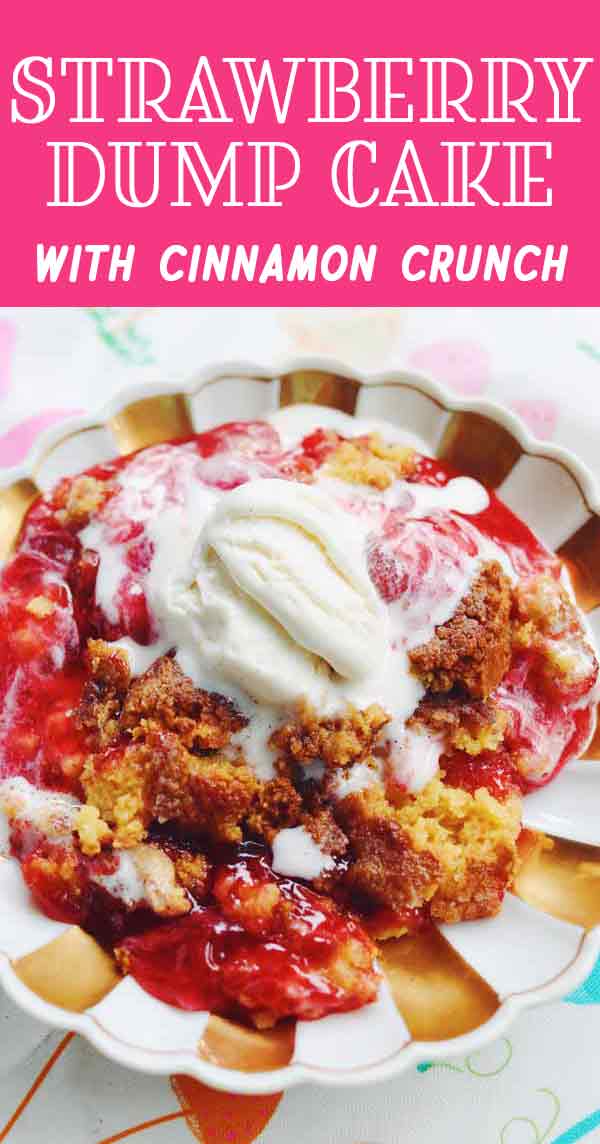 Strawberry Dump Cake is another one of those perfect recipes for those of us who are bad at baking! Made with canned strawberries, yellow cake mix, butter, and cinnamon sugar - it's unbeatable. I recommend topping the cinnamon sugar crunch crust with vanilla ice cream for the ultimate indulgent dessert! #strawberry #cannedfruit #easydessert #strawberrydumpcake #dumpcake #sweettreat #summerdessert #cakemix #potluck