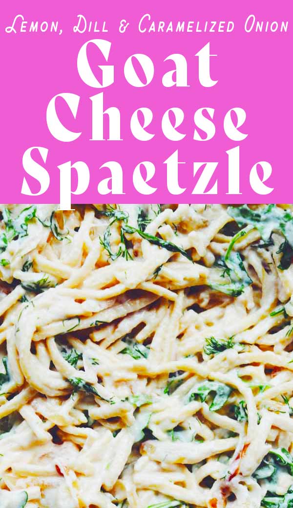 This cheese spaetzle recipe is loaded with sweet caramelized onions, fresh dill, peppery arugula, and tart lemon juice. The cheese sauce is made simply from goat cheese and pasta water and takes no time at all. And although this could totally be vegetarian dish, I like to add some beet sausage for some added protein.