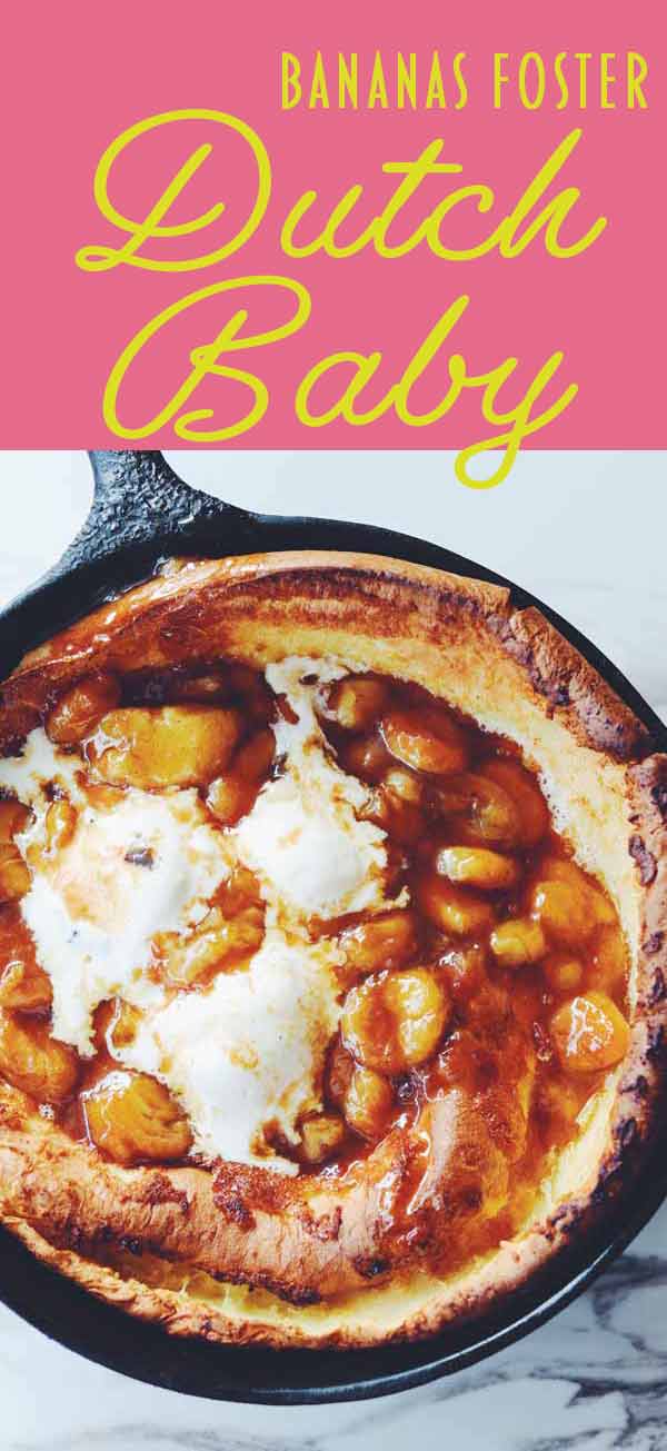 This bananas foster dutch baby is such a show stopper! It’s basically like a big fluffy pancake that is topped with ice cream and caramelized bananas. Not only is it super easy to make but it looks gorgeous and tastes even better. It’s the perfect decadently sweet breakfast dish or awe-inspiring dessert that looks complicated but it’s not.