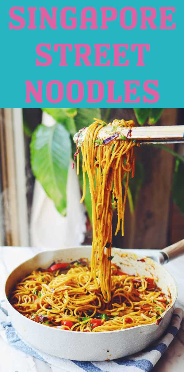 Singapore Street Noodles are one of my favorite take-out dishes. Springy rice noodles and crunchy vegetables are tossed in a sweet and spicy curry sauce that’s out of this world delicious. This recipe is vegetarian but you could easily add tofu, chicken, shrimp or pork if you’d like!