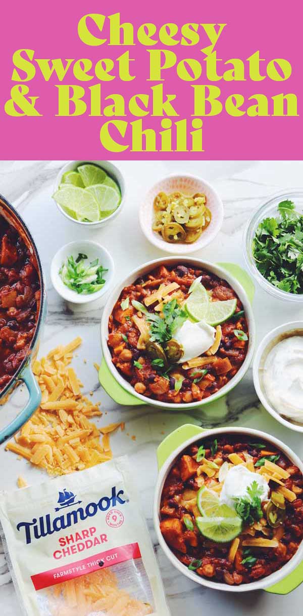 This Cheesy 3 Bean Sweet Potato Chili is the perfect hearty vegetarian pantry staple. It’s packed full of protein, flavor, and of course — cheesy goodness! Whether you serve it in a bowl, over pasta, or scooped up with chips, it’s a dish that’s guaranteed to make your family smile!