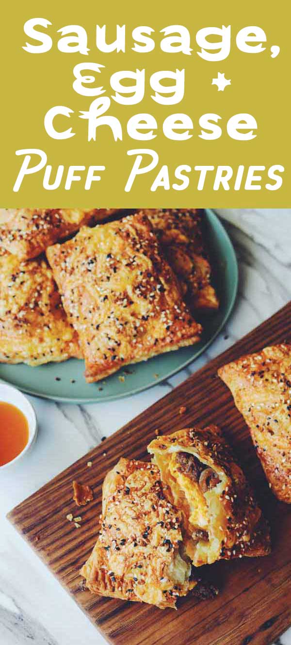 These savory breakfast pop tarts are the perfect way to start your morning. They’re stuffed with cheesy scrambled eggs, crispy sausage, sweet onions. On the outside, flaky puff is coated in everything bagel seeds and cheddar cheese and baked until crispy and golden brown. I recommend serving them with hot honey but you could try syrup, ketchup or hot sauce!