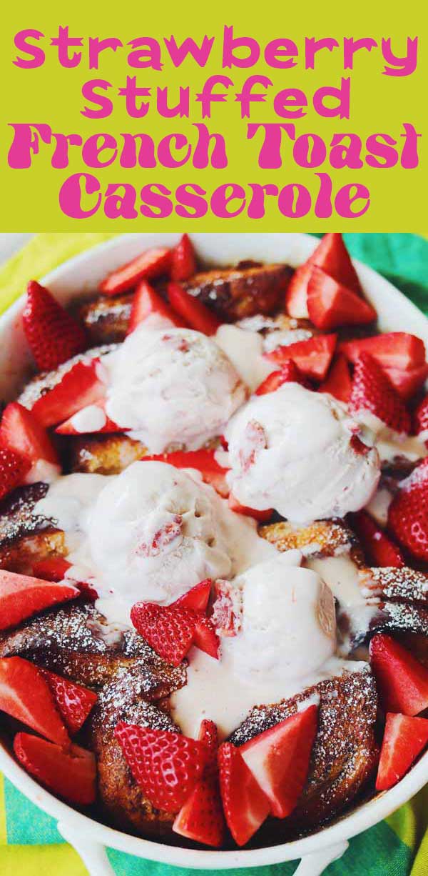 This Strawberry Stuffed French Toast will blow your mind! Sweet and tangy strawberry cream cheese is smeared between thick cut white bread then dipped in vanilla egg wash and baked until golden brown. On top, fresh tart strawberries, powdered sugar, and sweet strawberry ice cream add another layer of sweetness. It’s the perfect dessert for breakfast kind of recipe!