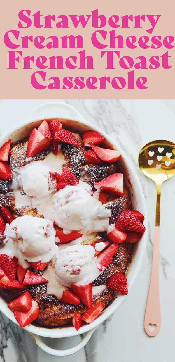 This Strawberry Stuffed French Toast will blow your mind! Sweet and tangy strawberry cream cheese is smeared between thick cut white bread then dipped in vanilla egg wash and baked until golden brown. On top, fresh tart strawberries, powdered sugar, and sweet strawberry ice cream add another layer of sweetness. It’s the perfect dessert for breakfast kind of recipe!