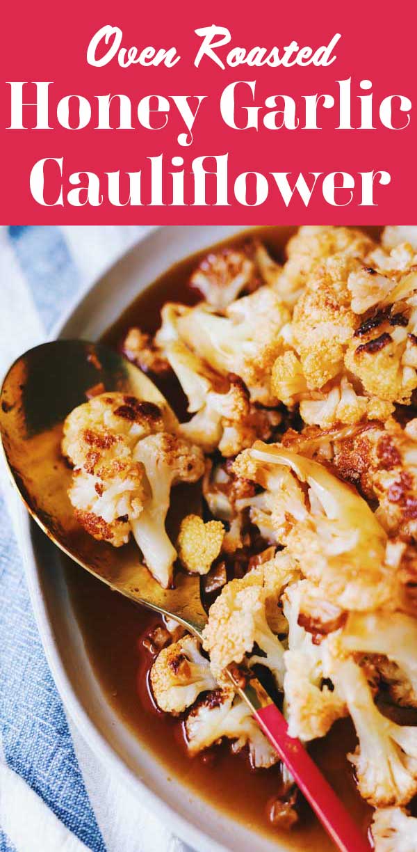 This roasted honey garlic cauliflower recipe is the perfect sweet and tangy side dish. Cauliflower florets are oven roasted then tossed in an easy homemade honey garlic sauce. The whole thing takes about 20 minutes to make which is always a win for an easy weeknight vegetable dish.