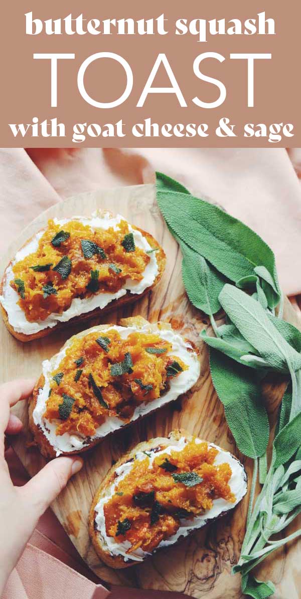 I could eat this ridiculously tasty caramelized butternut squash toast every single day and NEVER get over it! Crushed honey roasted butternut squash, crispy sage and crunchy bread that’s coated in a thick layer of tangy goat cheese! It’s sweet, tangy, crispy, crunchy and super easy to make! Serve this recipe as an appetizer or as an easy lunch!