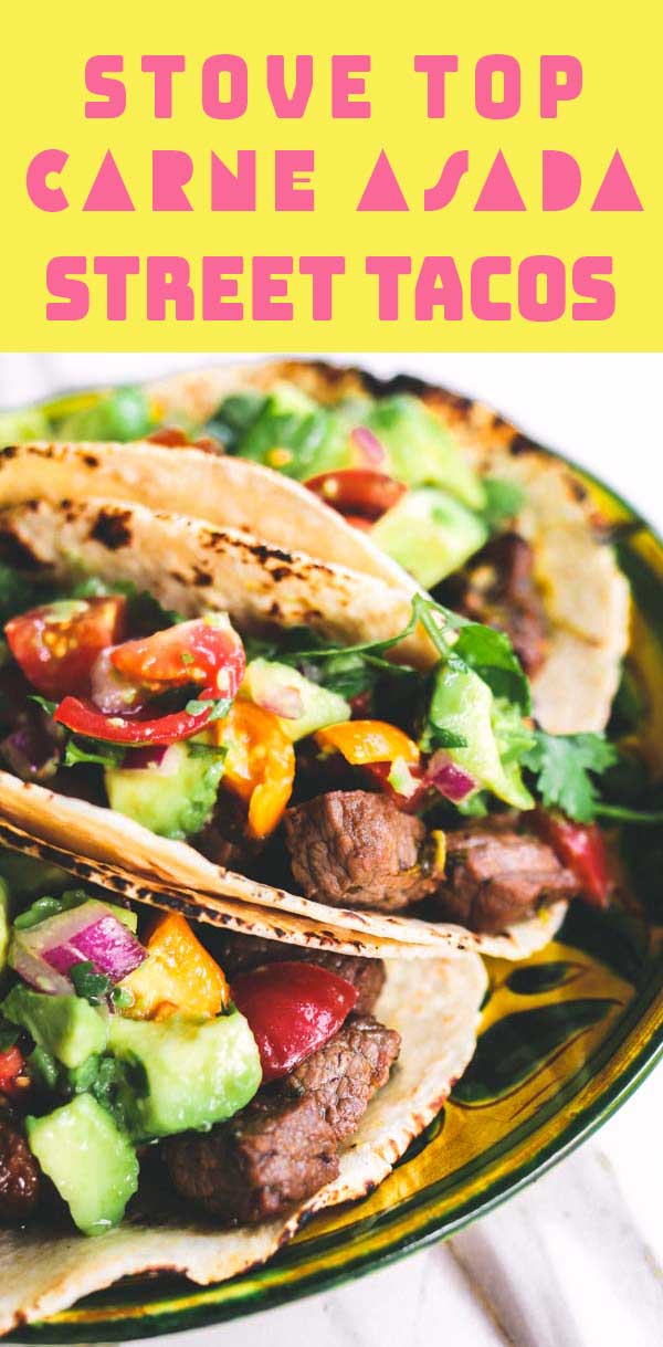 These Carne Asada inspired Street Tacos are the perfect stovetop alternative to the traditional grilled variety! Tender cubes of steak are marinated then sautéed to create tender and delicious carne asada bites. On top, a simple avocado salsa adds the perfect pop of freshness!