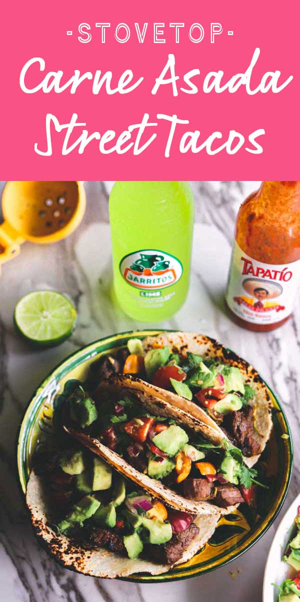 These Carne Asada inspired Street Tacos are the perfect stovetop alternative to the traditional grilled variety! Tender cubes of steak are marinated then sautéed to create tender and delicious carne asada bites. On top, a simple avocado salsa adds the perfect pop of freshness!