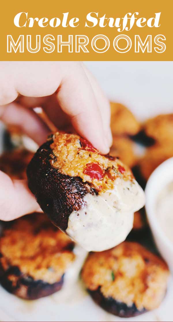 These Creole Stuffed Mushrooms are the perfect poppable appetizer! Tender mushroom caps are stuffed with a flavorful creole spiced cheese mixture using Tony Chachere’s Creole Spice Blend and baked until golden brown. They’re served with their creamy ranch dressing for dipping!