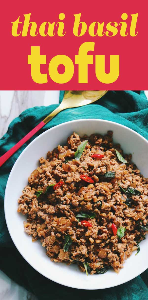 These Thai Basil Tofu Rice Bowls are the perfect vegetarian takeout style dish! Sweet and savory ground tofu is tossed with fragrant Thai basil and spicy Thai chilis. It's super easy to make and it tastes delicious!