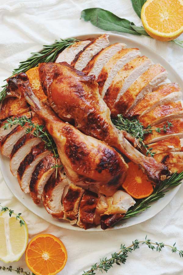 buttermilk brined turkey on a big serving platter.