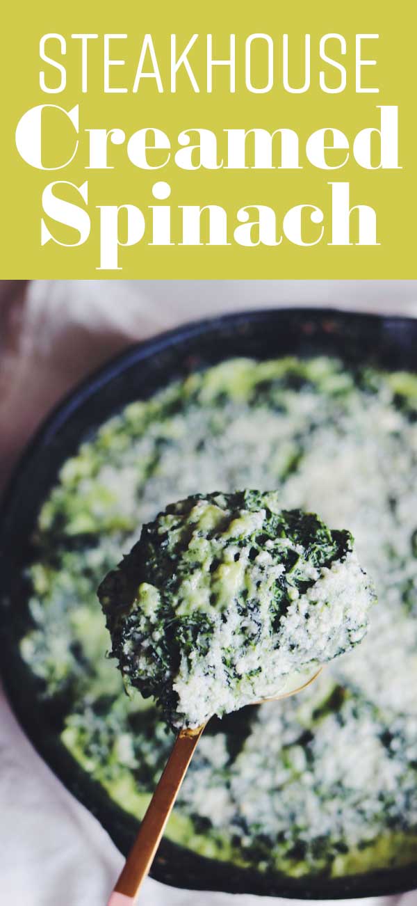 This steakhouse creamed spinach is the real deal! Smooth, luscious, rich and creamy — it’s just like they make at the restaurants! You’ll love how quick and easy this vegetarian side dish comes together! it’s perfect for the holidays or when you cook steak at home!