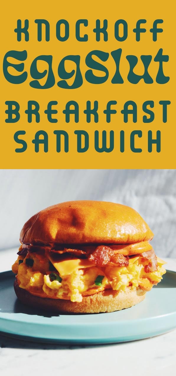 This knockoff EggSlut Sandwich is so incredibly delicious! Inspired by their iconic Fairfax breakfast sandwich, it's loaded with cheesy soft scrambled scallion eggs, sriracha mayo, crispy bacon and a buttery toasted brioche bun. It's the perfect sandwich for hangovers, brunches, or mornings when you need a little something extra to start your day. 
