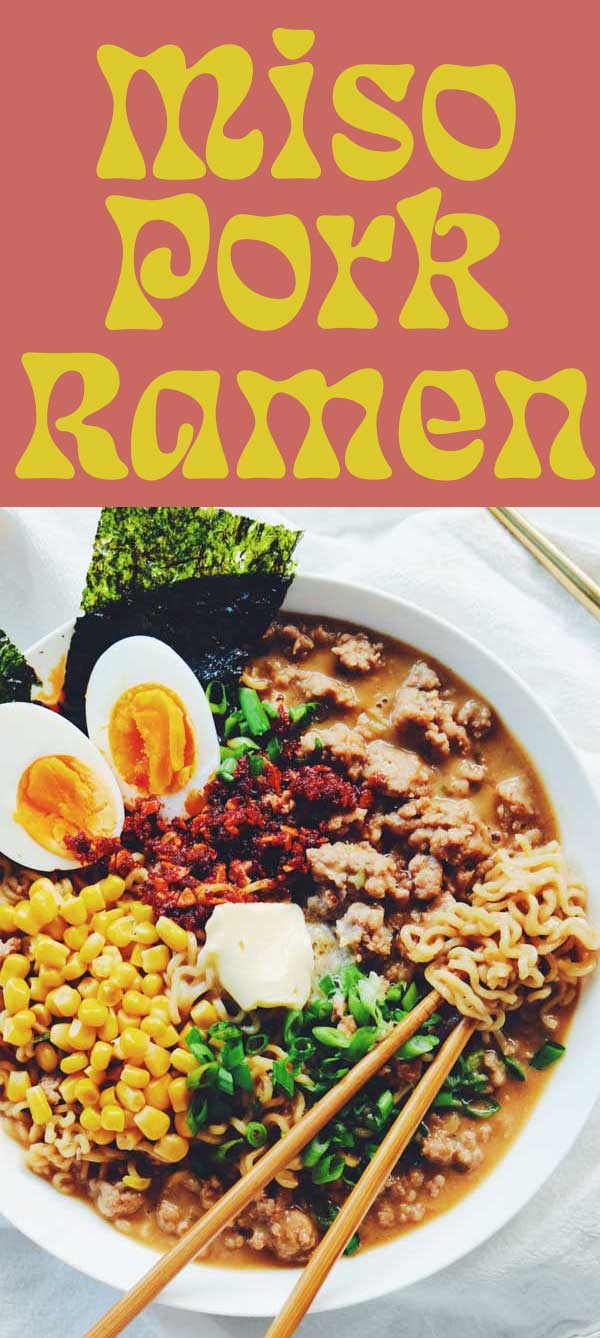 This adapted miso pork ramen recipe makes a rich and delicious dish that's super easy to make. The whole dish comes together in under 30 minutes and only uses one pot! I recommend topping with a 6 minute egg, some corn, scallions, and chili garlic oil. 